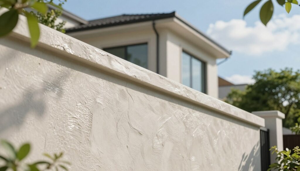 A modern building exterior featuring mineral plaster, showcasing its texture and benefits. In the foreground, focus on details of the mineral plaster surface, with a slight sheen reflecting soft, natural daylight that highlights its unique texture. The middle ground should display the building’s elegant architecture, framed by lush greenery for contrast, emphasizing durability and aesthetic appeal. In the background, a clear blue sky with fluffy clouds enhances the serene atmosphere. The composition should be shot at a slight angle, capturing both the depth of the plaster and the building's height. The mood is fresh and inviting, conveying the advantages of a painted mineral plaster finish, suggesting protection and enhanced beauty.