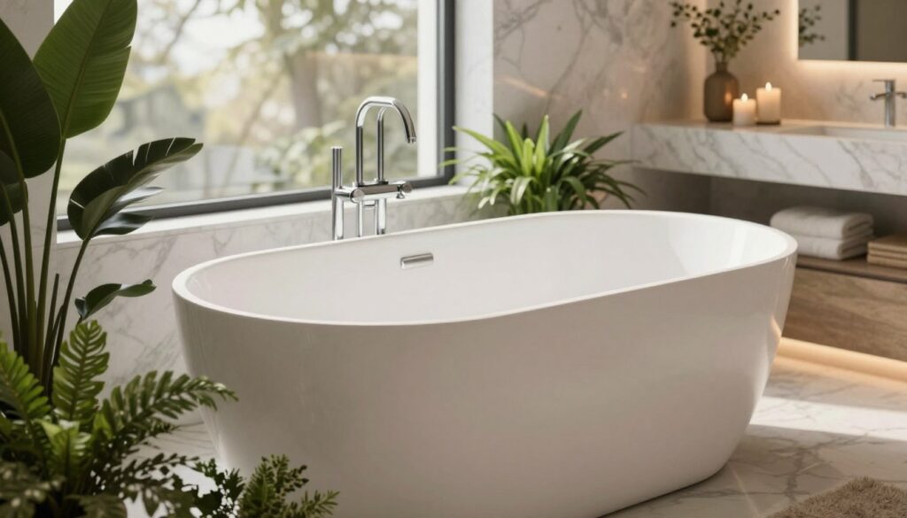 A modern, elegant freestanding bathtub placed in a beautifully designed bathroom. The tub is white with a sleek, minimalist shape, featuring shiny chrome faucets. In the foreground, lush green plants are artfully arranged, adding a touch of nature. The middle ground showcases a luxurious marble-clad wall and a large window letting in soft, natural light, creating a warm and inviting atmosphere. The background includes tasteful decor elements such as candles and plush towels. The lighting is soft and diffused, casting gentle shadows. The image should evoke a sense of relaxation and sophistication, highlighting the beauty and quality of high-end bathtubs in contemporary settings. A modern, elegant freestanding bathtub placed in a beautifully designed bathroom. The tub is white with a sleek, minimalist shape, featuring shiny chrome faucets. In the foreground, lush green plants are artfully arranged, adding a touch of nature. The middle ground showcases a luxurious marble-clad wall and a large window letting in soft, natural light, creating a warm and inviting atmosphere. The background includes tasteful decor elements such as candles and plush towels. The lighting is soft and diffused, casting gentle shadows. The image should evoke a sense of relaxation and sophistication, highlighting the beauty and quality of high-end bathtubs in contemporary settings.