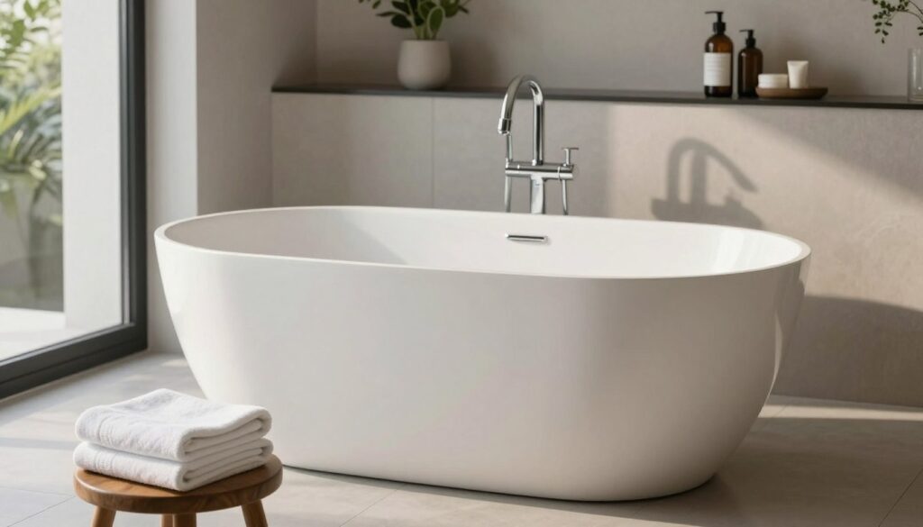 A modern, elegant freestanding bathtub sits centrally in a stylish bathroom. The tub features smooth, curved lines and a chic, minimalist design, complemented by luxurious chrome fixtures. In the foreground, soft white towels are neatly arranged on a wooden stool, adding a welcoming touch. The middle ground showcases sleek tile flooring and subtle greenery, creating a calm atmosphere. Soft, natural lighting filters through a large window, casting gentle shadows and highlighting the bathtub's pristine surface. The background displays modern, coordinated decor, including a stylish shelf with bath accessories. The overall mood is serene and sophisticated, ideal for a discussion on matching bathtubs to user height and needs. A modern, elegant freestanding bathtub sits centrally in a stylish bathroom. The tub features smooth, curved lines and a chic, minimalist design, complemented by luxurious chrome fixtures. In the foreground, soft white towels are neatly arranged on a wooden stool, adding a welcoming touch. The middle ground showcases sleek tile flooring and subtle greenery, creating a calm atmosphere. Soft, natural lighting filters through a large window, casting gentle shadows and highlighting the bathtub's pristine surface. The background displays modern, coordinated decor, including a stylish shelf with bath accessories. The overall mood is serene and sophisticated, ideal for a discussion on matching bathtubs to user height and needs.