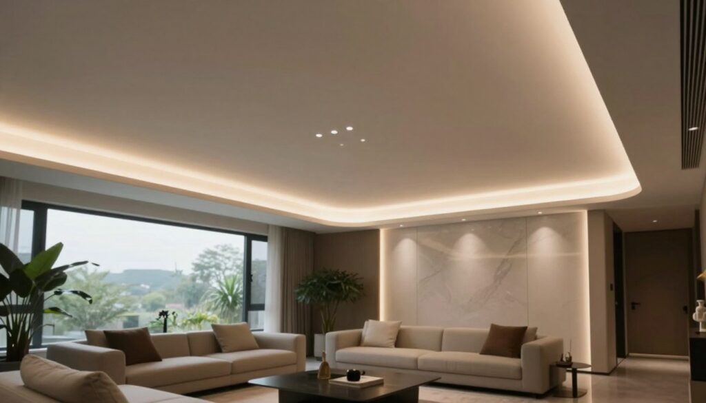A modern, elegantly designed room featuring a stretch ceiling illuminated with ambient LED lighting, casting a soft, warm glow. In the foreground, the focus is on the sleek, curved lines of the ceiling, showcasing its glossy finish that reflects the light beautifully. The middle ground includes contemporary furniture arranged harmoniously, such as a stylish sofa and decorative plants, enhancing the overall ambiance. In the background, a large window allows natural light to blend seamlessly with the artificial lighting, creating a tranquil atmosphere. The color scheme is a mix of muted earth tones, emphasizing sophistication. Capture the image using a wide-angle lens to highlight the open space, with a soft focus on the ceiling to draw attention to the unique lighting features.
