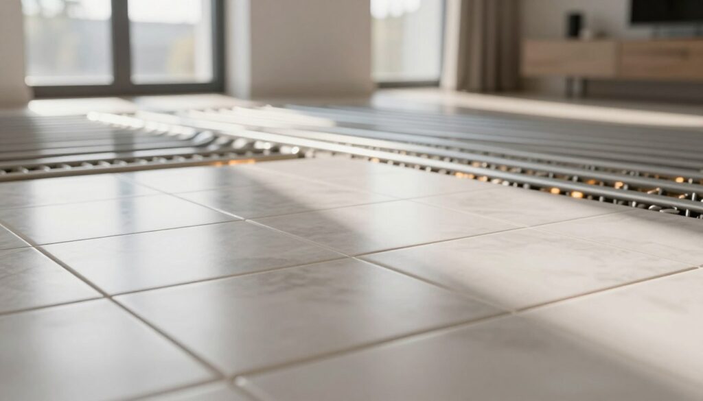 A modern, elegantly designed room showcasing an underfloor heating system with ceramic tiles. In the foreground, focus on a beautifully laid pattern of glossy, high-quality tiles, emphasizing their smooth surface. The middle ground features a close-up of visible heating elements under the tiles, with subtle warmth radiating, suggesting comfort. The background displays a light and airy space with large windows, allowing natural sunlight to filter in and create soft shadows across the floor. Use natural lighting to highlight the textures of the tiles and the heating system, capturing a cozy and inviting atmosphere. The angle should be slightly tilted to provide depth, showcasing the interaction between the materials and the environment. A modern, elegantly designed room showcasing an underfloor heating system with ceramic tiles. In the foreground, focus on a beautifully laid pattern of glossy, high-quality tiles, emphasizing their smooth surface. The middle ground features a close-up of visible heating elements under the tiles, with subtle warmth radiating, suggesting comfort. The background displays a light and airy space with large windows, allowing natural sunlight to filter in and create soft shadows across the floor. Use natural lighting to highlight the textures of the tiles and the heating system, capturing a cozy and inviting atmosphere. The angle should be slightly tilted to provide depth, showcasing the interaction between the materials and the environment.