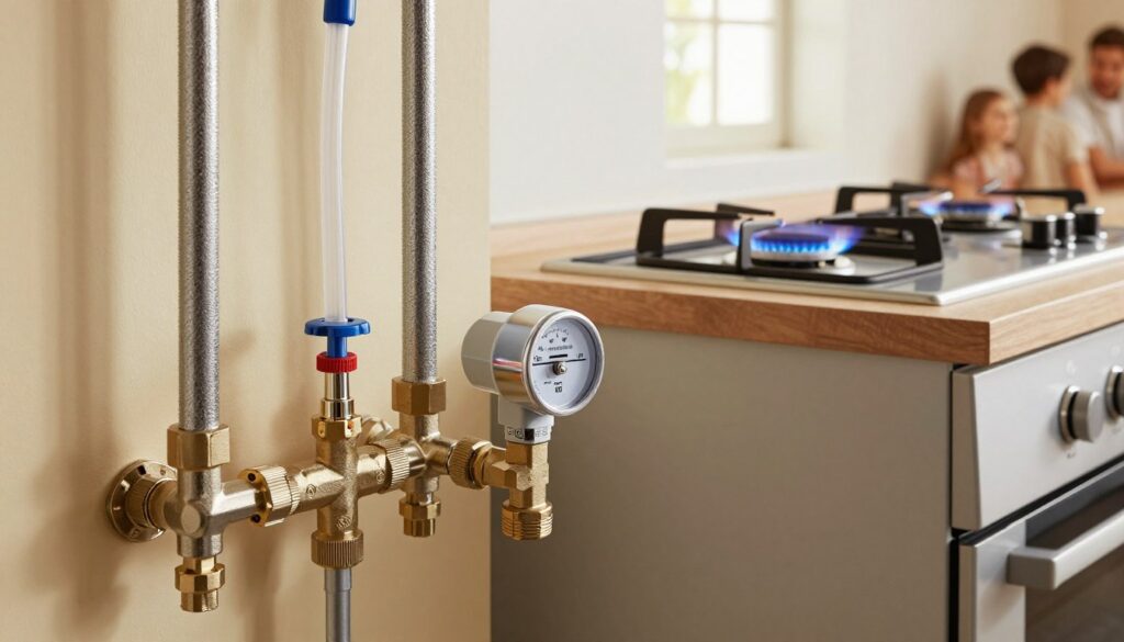 A modern gas installation in a residential home, showcasing intricate gas pipes and valves seamlessly integrated into the kitchen and utility room. In the foreground, clear plastic tubing, polished chrome fittings, and a sleek gas meter are highlighted under soft, warm lighting. The middle section features a gas stove with a glowing flame, indicating functionality and safety. In the background, a hint of a family living space is visible, with a cozy atmosphere created by natural light streaming through a window. The overall feel is contemporary and inviting, emphasizing the advantages of gas installations while also subtly suggesting the importance of safety and regulation in home energy systems.