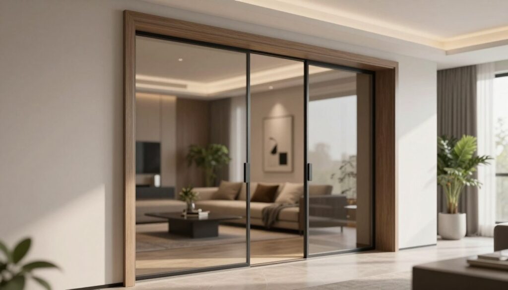 A modern interior featuring a detailed, elegant cassette door frame (ościeżnica kasetowa) integrated into a wall. In the foreground, showcase the sleek, minimalistic design of the frame, emphasizing its smooth lines and finish, with subtle wood grain texture. The middle ground displays the sliding door partially open, revealing a glimpse of a stylish living space, complete with soft lighting and contemporary furniture. In the background, a softly lit sitting area with potted plants and artwork enhances the sense of depth. Use natural light streaming through a nearby window to create a warm, inviting atmosphere. The angle should be slightly off-center to highlight both the door frame and the spaciousness of the room.