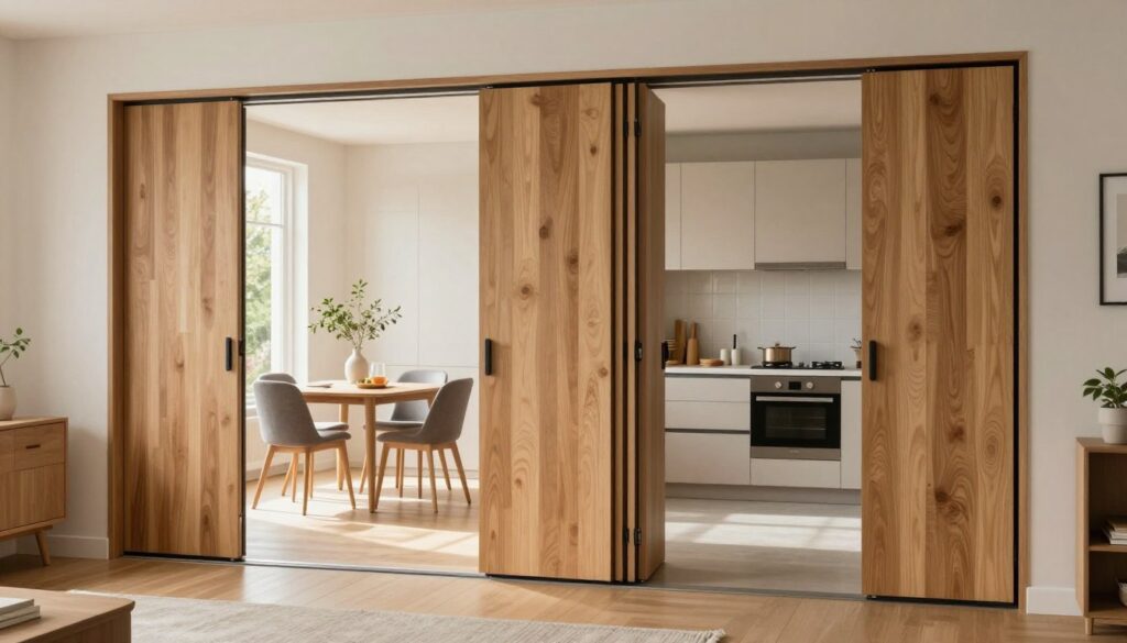 A modern interior featuring a sleek, open kitchen with harmonica doors incorporated seamlessly into the design. In the foreground, the beautifully crafted folding doors are elegantly open, revealing a well-organized kitchen with minimalist cabinetry and stylish appliances. The middle ground showcases a cozy dining area with a small table set for two, bathed in warm, natural light filtering through large windows. In the background, a subtle greenery view enhances the open feeling of the space. The scene is captured from a slightly elevated angle to emphasize the functionality and aesthetic appeal of the accordion doors. The overall mood is bright, inviting, and contemporary, conveying the innovative use of space in a small apartment. Natural wood tones and soft, neutral colors dominate the palette, creating a harmonious atmosphere.