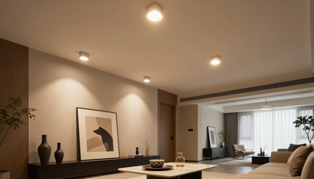 A modern interior featuring a suspended ceiling with strategically placed halogen accent lights illuminating various details. In the foreground, a stylish piece of furniture, like a sleek coffee table, adorned with decorative items. The middle ground highlights the halogen lights, showcasing their soft glow casting warm light on artwork and architectural features such as wall textures. The background reveals a spacious living area with minimalist decor, refined color schemes, and light fabrics, all enhanced by the lighting. The atmosphere conveys a cozy yet sophisticated vibe, inviting warmth and elegance. The image captures the concept of effective accent lighting in a contemporary home setting, shot from a slightly elevated angle for depth and perspective.