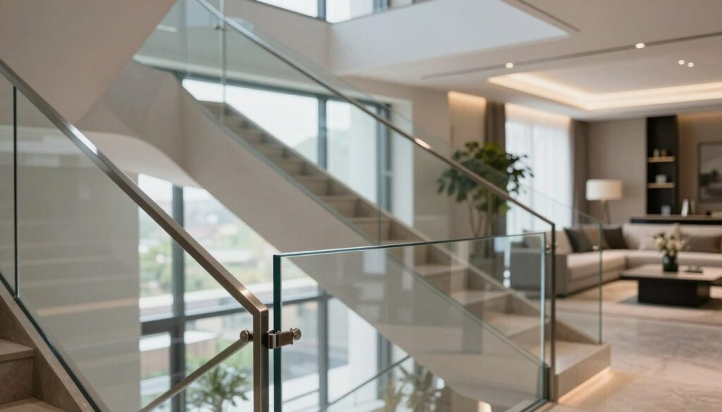 A modern interior featuring sleek glass balustrades along a staircase, showcasing their elegant design and transparency. In the foreground, the focus is on the shimmering glass railing with stainless steel fittings, reflecting the ambient light. In the middle, the staircase curves gracefully, leading to a beautifully designed space illuminated by soft, natural light coming from large windows. The background includes a contemporary living area with minimalist furniture and potted plants, enhancing the modern aesthetic. The atmosphere is calm and sophisticated, evoking a sense of luxury and contemporary taste, emphasizing the unique features and pricing individuality of glass balustrades.