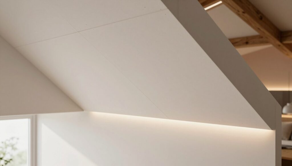 A modern interior showcasing H2 gypsum boards installed on sloped ceilings, designed for high humidity rooms. In the foreground, the smooth, white, moisture-resistant gypsum board panels are seamlessly joined and lightly illuminated by soft, diffused lighting. The middle ground features a sloping ceiling that angles beautifully, demonstrating the aesthetic finish. In the background, hints of a cozy attic space with wooden beams and softly colored walls contribute to a warm ambiance. The atmosphere feels inviting and well-designed, ideal for a serene living environment, with light filtering through a window, casting gentle shadows. The overall composition is harmonious and emphasizes the practicality and beauty of using H2 gypsum boards for finishing sloped ceilings.