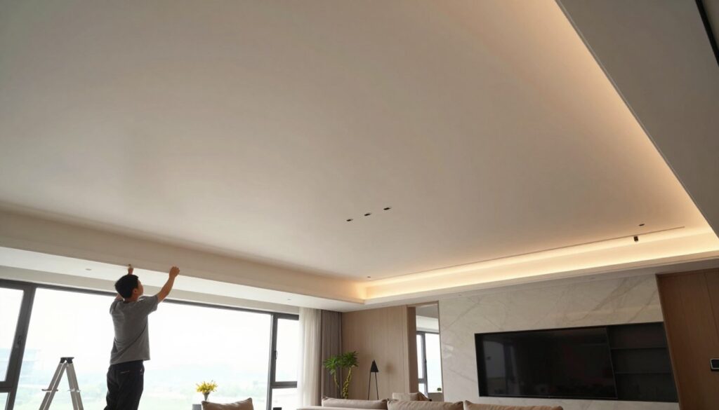 A modern interior showcasing a sleek "sufit napinany" (stretch ceiling) installation in a well-lit living area. In the foreground, the beautifully finished stretch ceiling with a smooth, glossy surface reflects subtle lighting, creating a sense of elegance. To the left, a professional installer is carefully adjusting the ceiling, wearing modest casual clothing, demonstrating the installation process. The middle ground features stylish furniture and decor that complement the ceiling’s design, enhancing the contemporary atmosphere. In the background, large windows allow natural light to flood the space, creating a warm and inviting ambiance. Utilize soft, diffused lighting to highlight the ceiling's texture and colors, captured with a wide-angle lens from a low angle to emphasize the height and spaciousness of the room.