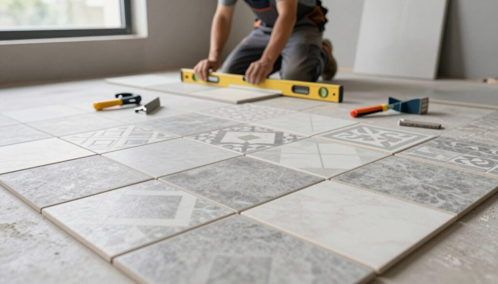 A modern interior space under renovation, focused on the tiled floor in the foreground, showcasing an array of ceramic tiles laid out in an organized pattern. In the middle background, a skilled worker wearing a professional outfit is meticulously placing tiles, using a level for precision. Soft, natural lighting filters in from a nearby window, highlighting the textures and colors of the tiles—various shades of gray and white with geometric patterns. Tools like a tile cutter and grout spreader are neatly arranged nearby. The atmosphere is one of calm efficiency, illustrating careful strategy in tile placement to optimize cost and minimize waste, reflecting the section's theme of renovation strategies.