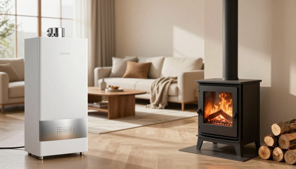 A modern living room showcasing the comparison of heating costs and comfort. In the foreground, two distinct heating systems: a gas boiler and a solid fuel stove, both in elegant designs. The gas boiler is sleek and metallic, while the solid fuel stove has a rustic charm with visible logs stacked nearby. In the middle ground, a comfortable seating area with a stylish sofa and a coffee table, reflecting a cozy ambiance with soft throw blankets and pillows. The background features large windows with natural light streaming in, illuminating the space. The atmosphere is warm and inviting, emphasizing the comfort of home heating. Soft shadows and highlights enhance the overall warmth, suggesting a contrast in heating efficiency and user comfort.