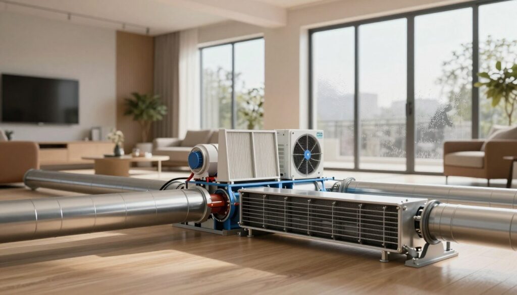 A modern mechanical ventilation system with heat recovery, showcasing a detailed cross-section view. The foreground features sleek, metallic ductwork with visible heat exchangers, capturing the intricate design. In the middle, display energy-efficient components like air filters and fans, highlighting their function in a home environment. The background includes a contemporary living space, with large windows showing condensation as a contrast to the dry indoor atmosphere, emphasizing the effectiveness of the system. Soft, natural lighting filters through the windows, creating a warm ambiance. Use a wide-angle perspective to convey a sense of space and integration in a home setting, reflecting a professional and advanced technological solution for indoor air quality.