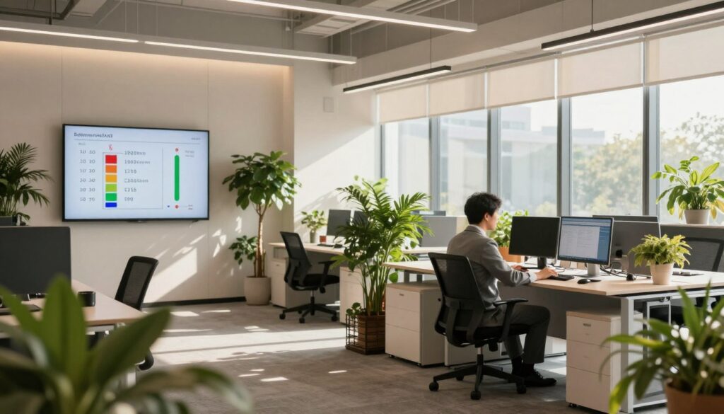 A modern office interior with a focus on a comfortable workspace. In the foreground, a professional in business attire appears engaged in work at a sleek desk, surrounded by greenery, indicating a healthy environment. In the middle ground, a digital display shows fluctuating levels of carbon dioxide concentrations, suggesting the impact on productivity. The background features large windows with natural light streaming in, casting soft shadows. The overall mood is one of concentration and productivity, with a harmonious blend of nature and technology. Use a wide-angle lens to capture the spaciousness of the office, emphasizing light and air quality. Soft, warm lighting creates an inviting atmosphere.