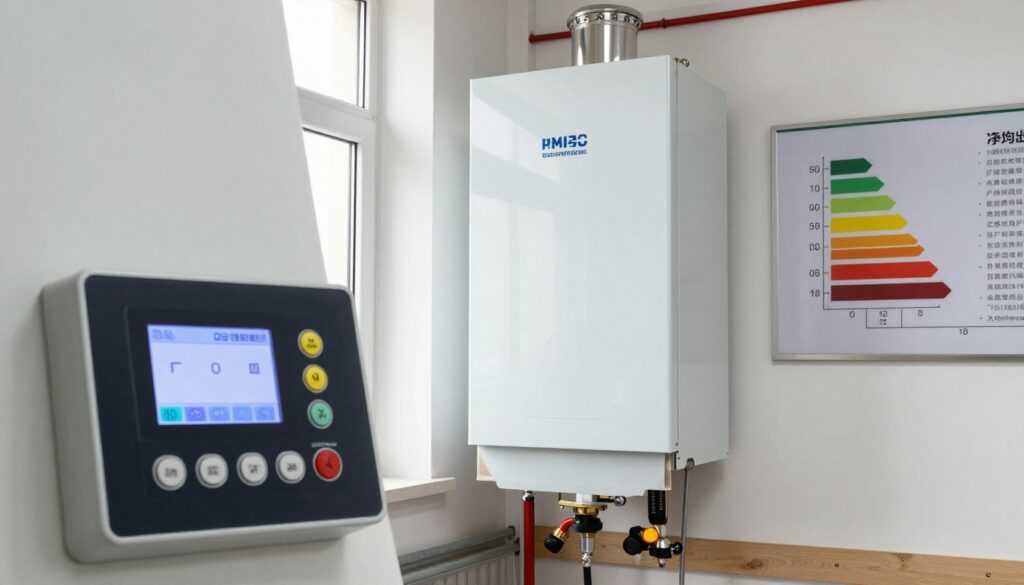 A modern pellet boiler in a well-lit workshop setting, showcasing its intricate technical specifications and design elements. In the foreground, a close-up view of the control panel with digital displays and buttons, highlighting the advanced features of the boiler. In the middle ground, the sleek and contemporary pellet boiler itself, prominently displayed with the fuel hopper connected, emphasizing its efficiency and eco-friendliness. The background features related technical diagrams on the walls, depicting energy efficiency metrics and installation guidelines. Bright, natural lighting illuminates the scene, creating a professional and informative atmosphere that reflects innovation in heating technology.