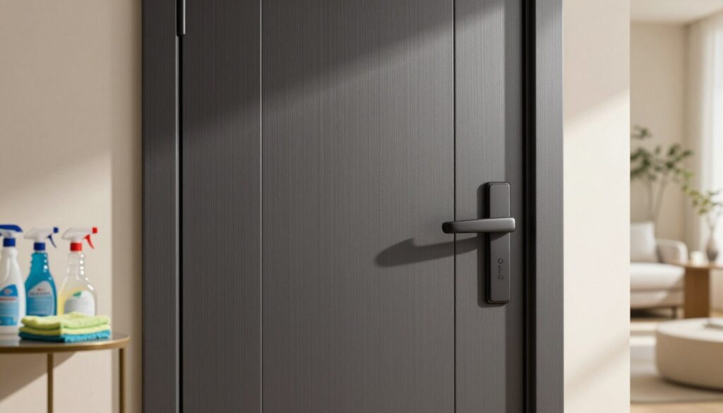 A modern, sleek anthracite door stands prominently in the foreground, showcasing its textured surface with a subtle sheen, emphasizing its dark, elegant hue. The door is framed by a soft, well-lit entryway, where gentle sunlight filters through, creating warm highlights and soft shadows that accentuate the door's contours. In the middle ground, cleaning supplies, such as microfiber cloths and spray bottles, are neatly arranged on a small table, hinting at the cleaning process. The background features a softly blurred, minimalist interior with neutral tones and natural elements, enhancing the atmosphere of sophistication and cleanliness. The overall mood is calm and inviting, focused on the importance of maintaining the door's appearance without streaks or discoloration. The shot is taken from a slightly elevated angle, providing a comprehensive view of the door and its surroundings.