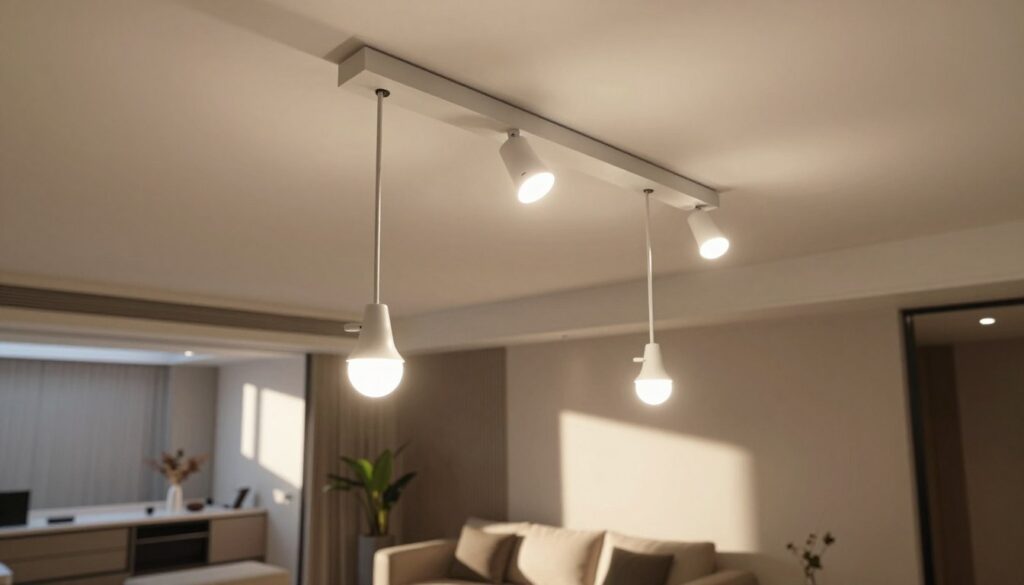 A modern, stylish interior featuring a suspended ceiling with strategically placed halogen lights illuminating the space. In the foreground, a close-up view of the halogen fixtures, showcasing their design and installation in a sleek, minimalist setting. The middle ground displays a well-decorated room, furnished with contemporary furniture, with warm light casting soft shadows. In the background, a glimpse of textured walls and ceiling adds depth to the scene. The lighting should appear bright yet inviting, creating a cozy atmosphere. Capture the image from a slightly elevated angle to emphasize the ceiling and light distribution seamlessly filling the room, highlighting effective lighting techniques for interior spaces.