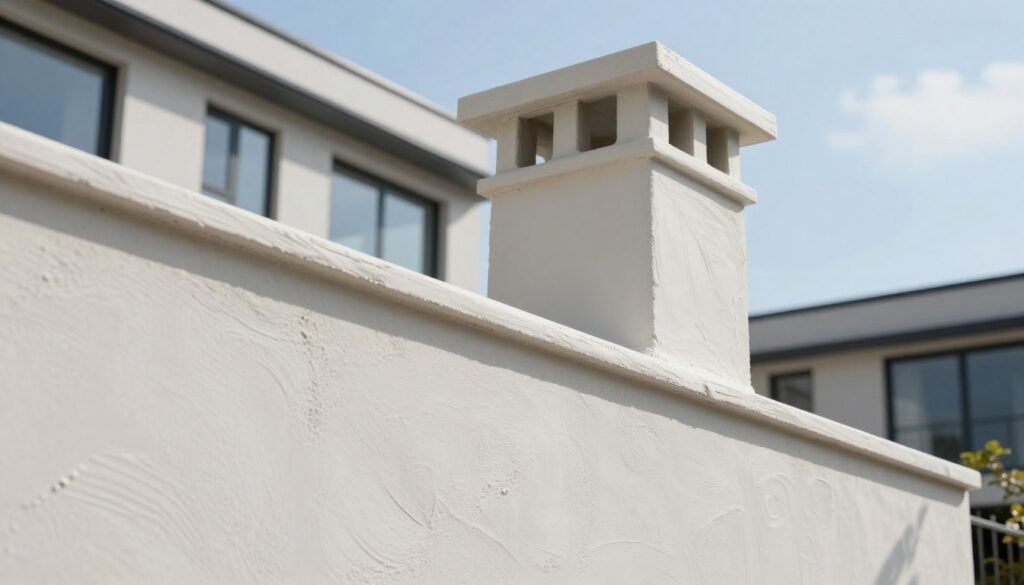A modern thin-layer plaster system applied on a chimney in an urban setting, showcasing its texture and durability. In the foreground, a close-up of the smooth, meticulously finished surface reveals fine details of the plaster, with subtle shadows accentuating its layers. In the middle ground, the chimney extends upward, surrounded by a contemporary building facade, highlighting the innovative use of thin-layer plaster in modern architecture. The background features a clear blue sky, casting soft natural light that enhances the overall ambiance, reflecting a bright, well-maintained environment. Capture this scene from a slightly lower angle to emphasize the height of the chimney while maintaining a professional, clean aesthetic. The mood is modern and fresh, symbolizing innovation in construction materials.