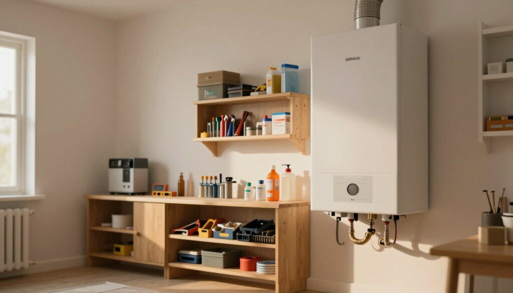 A modern, well-lit residential boiler room featuring various heating equipment and storage units. In the foreground, a neatly organized area with a high-efficiency boiler and pipes, showcasing a clean and functional design. The middle ground includes shelves stocked with tools and maintenance supplies, emphasizing a practical and utilitarian space. The background reveals a small window with soft, natural light filtering in, creating a warm and inviting atmosphere. The use of soft shadows and warm lighting gives the room a cozy feel, evoking the idea of a functional space. The overall composition reflects a professional and tidy home environment, without any human figures or distracting elements. A modern, well-lit residential boiler room featuring various heating equipment and storage units. In the foreground, a neatly organized area with a high-efficiency boiler and pipes, showcasing a clean and functional design. The middle ground includes shelves stocked with tools and maintenance supplies, emphasizing a practical and utilitarian space. The background reveals a small window with soft, natural light filtering in, creating a warm and inviting atmosphere. The use of soft shadows and warm lighting gives the room a cozy feel, evoking the idea of a functional space. The overall composition reflects a professional and tidy home environment, without any human figures or distracting elements.