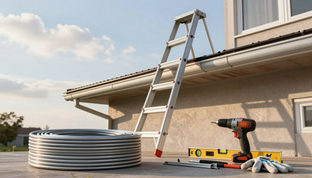 A neatly organized workspace featuring essential tools for gutter installation: a sturdy ladder leaning against a home, a coil of durable gutter material in the foreground, and a selection of tools, including a drill, a level, and safety gloves arranged thoughtfully. In the middle ground, there’s a partially installed gutter system catching the afternoon sunlight, highlighting its shiny surface. The background shows a clear sky blending with soft clouds, casting gentle, diffused light over the scene. The atmosphere is practical and focused, ideal for illustrating a DIY home improvement project. The overall composition emphasizes a sense of readiness and efficiency in preparing for rainwater collection.