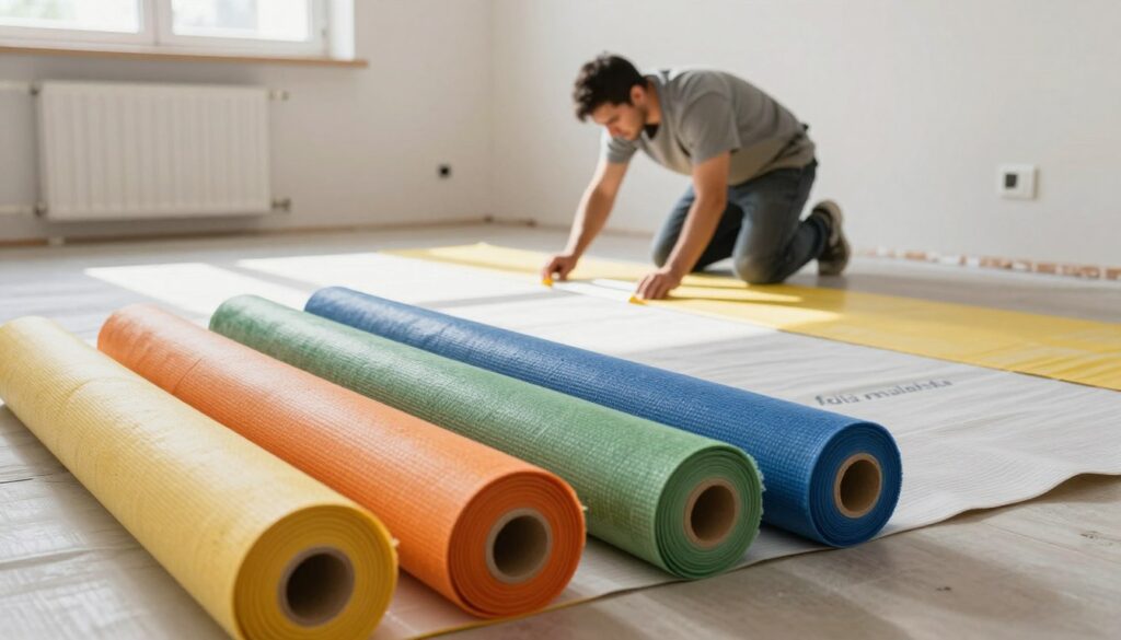A peaceful work scene in a well-lit room showcasing a variety of protective floor coverings laid out meticulously. In the foreground, vibrant rolls of "folia malarska" are prominently displayed, with textures clearly visible and ready for use. In the middle, a professional in modest attire carefully applies adhesive tape to secure the protective materials to the floor, ensuring a smooth application process. The background features a softly lit area with freshly painted walls, emphasizing a renovation atmosphere. Natural light streams through a nearby window, casting gentle shadows and highlighting the colors of the protective materials. The overall mood conveys diligence and preparedness in home improvement. A peaceful work scene in a well-lit room showcasing a variety of protective floor coverings laid out meticulously. In the foreground, vibrant rolls of "folia malarska" are prominently displayed, with textures clearly visible and ready for use. In the middle, a professional in modest attire carefully applies adhesive tape to secure the protective materials to the floor, ensuring a smooth application process. The background features a softly lit area with freshly painted walls, emphasizing a renovation atmosphere. Natural light streams through a nearby window, casting gentle shadows and highlighting the colors of the protective materials. The overall mood conveys diligence and preparedness in home improvement.