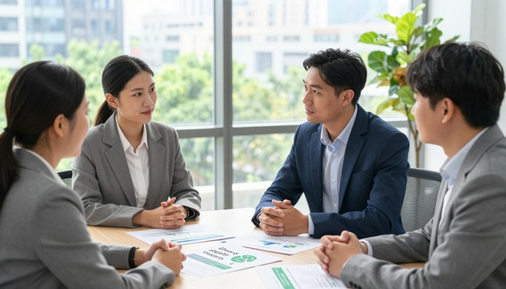 A professional and modern office environment showcasing a consultation on the "Clean Air Program" related to heating source replacement. In the foreground, a diverse group of three individuals in professional attire are engaged in a conversation, with visual materials like brochures and charts spread on a table between them, highlighting financial support options. In the middle, a large window reveals a bright, sunny day, emphasizing a positive atmosphere. The background features greenery and a cityscape, symbolizing clean air initiatives. Use soft, natural lighting to create an inviting and collaborative mood. The composition should have a slight angle to add depth, capturing the essence of teamwork and eco-friendly solutions in the context of heating source financing.