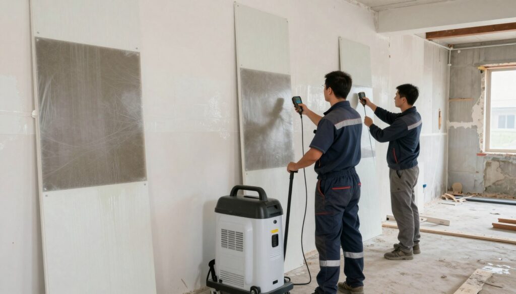 A professional building drying team is at work inside a partially renovated structure, focused on drying wet walls using specialized equipment. In the foreground, a technician in smart work attire operates an industrial dehumidifier, while another checks moisture levels with a digital meter. The middle ground features drying panels positioned against the walls, showcasing the moisture extraction process. In the background, partially visible water-damaged surfaces and construction materials suggest ongoing restoration. The lighting is bright and clear, emphasizing the clean, professional atmosphere. A wide-angle view captures the entire scene, creating an informative and engaging representation of effective building drying methods, essential for recovery after water damage.