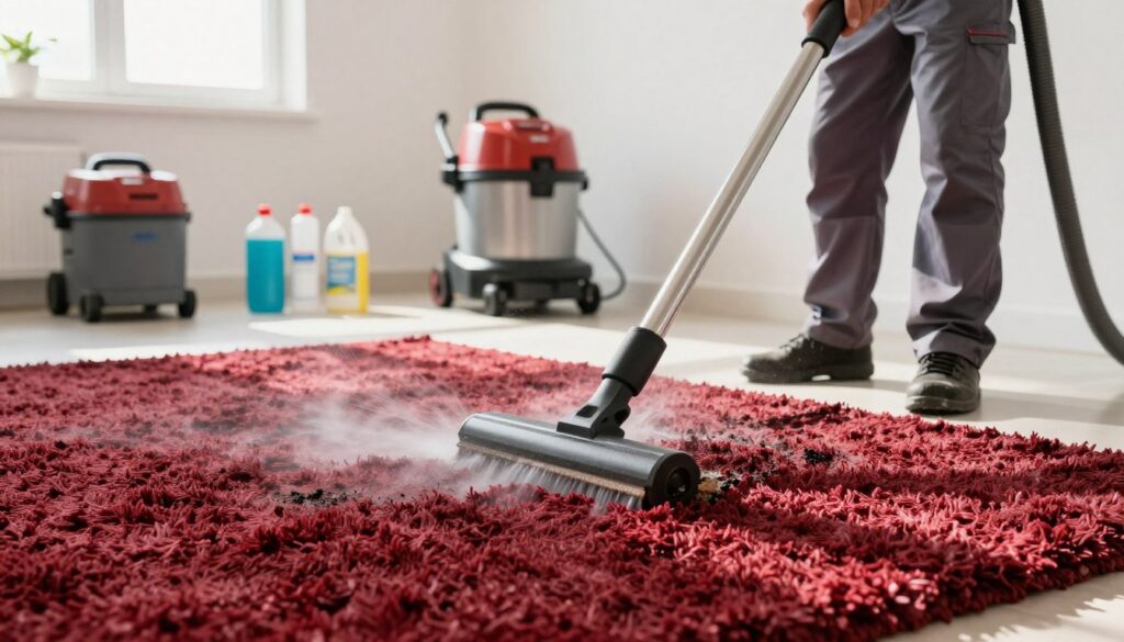 A professional carpet cleaning scene featuring a shaggy carpet undergoing extraction cleaning. In the foreground, a skilled technician in a clean, modest uniform confidently operates an industrial carpet extractor, with water and cleaning solution visibly being drawn through the carpet fibers. The shaggy carpet is plush and vibrant, showcasing its soft texture and deep colors, with visible dirt being lifted away. In the middle ground, various cleaning equipment and supplies are neatly organized, emphasizing a professional cleaning environment. The background consists of a well-lit room with natural light streaming in through a window, adding warmth to the scene. The mood is clean, refreshing, and inviting, highlighting the transformation of the carpet back to its original softness.