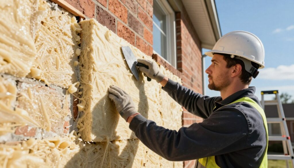 A professional construction worker, wearing a hard hat and safety gear, is actively installing exterior insulation on an old brick house. In the foreground, close-up of the worker carefully applying insulation panels with a trowel. The middle ground features the partially insulated wall, revealing original brick and the freshly applied foam insulation material. In the background, tools such as a ladder and measuring tape rest against the house, while a clear blue sky and sunlight create a bright, inviting atmosphere. The scene conveys dedication and expertise in building renovation, highlighting modern insulation techniques and the importance of enhancing energy efficiency for older homes.
