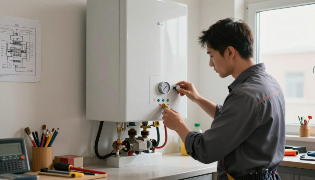 A professional electrician in modest casual clothing is conducting the first start-up of an electric boiler in a well-lit utility room. In the foreground, the electrician checks the boiler's control panel, focusing on the temperature gauge and pressure valve. The middle ground features the electric boiler, sleek and modern, with visibly connected pipes and wires, showcasing its technical aspects. The background includes tools scattered on a workbench, a wall with electrical schematics, and a window allowing natural light to brighten the scene. The atmosphere is focused and diligent, emphasizing safety and precision in the installation process, with a warm glow illuminating the workspace.
