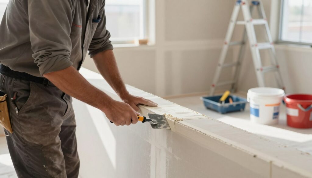 A professional interior contractor working on drywall joint taping and mudding in a well-lit room. In the foreground, focus on the contractor, dressed in a modest work shirt and pants, carefully applying joint compound to drywall seams using a trowel. In the middle, show the unfinished drywall with visible tape and mudded joints. The background features tools like a mud pan, joint knife, and buckets, with a ladder leaning against the wall, indicating ongoing work. Natural light streams in through a window, casting soft shadows and illuminating the scene. The atmosphere conveys a sense of diligence and craftsmanship, emphasizing the importance of proper drywall finishing techniques.