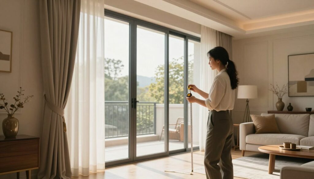 A professional interior designer carefully measuring a large sliding balcony door and wide window in a stylish living room. In the foreground, the designer, dressed in smart casual attire, holds a tape measure, showing focus and precision. In the middle ground, the elegant window and door have soft curtains partially drawn, allowing warm, natural light to flood the room. The background features a cozy sofa and tasteful décor that complement the lighting, enhancing the overall atmosphere of comfort and sophistication. The scene is illuminated by gentle daylight, creating a serene environment. The angle captures both the measurements and the elegant design of the space, emphasizing a harmonious blend of functionality and aesthetic appeal.