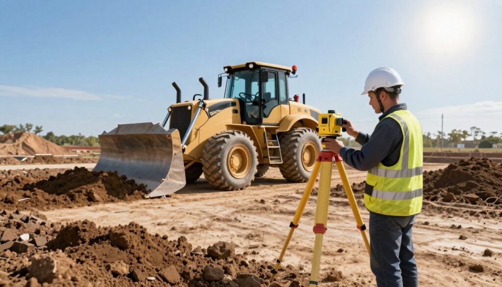 A professional land leveling process in an open construction site. In the foreground, a skilled surveyor wearing a safety helmet and professional attire uses a laser level to ensure accuracy, surrounded by surveying equipment. In the middle ground, a bulldozer is actively grading the uneven terrain, with piles of earth being moved to create a flat foundation. The background features a clear blue sky, sun shining brightly, casting natural light onto the site, highlighting the textures of soil and machinery. The mood conveys professionalism, efficiency, and focus, showcasing a crucial step in preparing land for home construction. The angle is slightly elevated to capture both the action and the overall site layout.