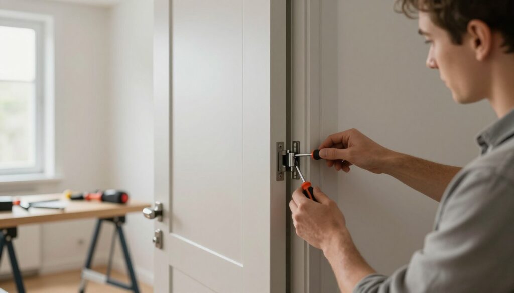 A professional-looking interior scene showcasing the installation of a flush door (bezprzylgowe) in a modern home. In the foreground, a person in modest casual clothing is carefully adjusting the hinges on the door, using a screwdriver. The middle ground features the door partially open, revealing a sleek design with minimalistic lines and a smooth finish. In the background, there are tools neatly arranged on a workbench, and a bright, well-lit room with neutral-colored walls that creates a clean and organized atmosphere. Soft, natural lighting filters through a nearby window, enhancing the focus on the installation process. The overall mood is professional and focused, emphasizing the technical aspects of door installation and adjustment. A professional-looking interior scene showcasing the installation of a flush door (bezprzylgowe) in a modern home. In the foreground, a person in modest casual clothing is carefully adjusting the hinges on the door, using a screwdriver. The middle ground features the door partially open, revealing a sleek design with minimalistic lines and a smooth finish. In the background, there are tools neatly arranged on a workbench, and a bright, well-lit room with neutral-colored walls that creates a clean and organized atmosphere. Soft, natural lighting filters through a nearby window, enhancing the focus on the installation process. The overall mood is professional and focused, emphasizing the technical aspects of door installation and adjustment.