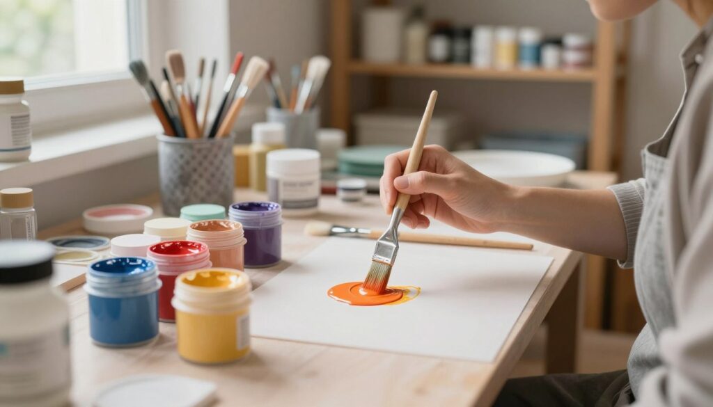 A professional-looking workspace with a focus on a person carefully applying ceramic paint to a surface. In the foreground, the person is dressed in modest casual clothing, holding a brush with precision as they dip it into a vibrant ceramic paint. In the middle, various paint containers are neatly arranged, showcasing a spectrum of colors ready for use. The background displays shelves filled with painting tools and art supplies, creating an organized yet creative atmosphere. Soft, natural light filters through a nearby window, highlighting the textures of the paint and creating a warm ambiance. The scene conveys a sense of artistry and professionalism, emphasizing the importance of preparation for achieving a durable finish with ceramic paint.