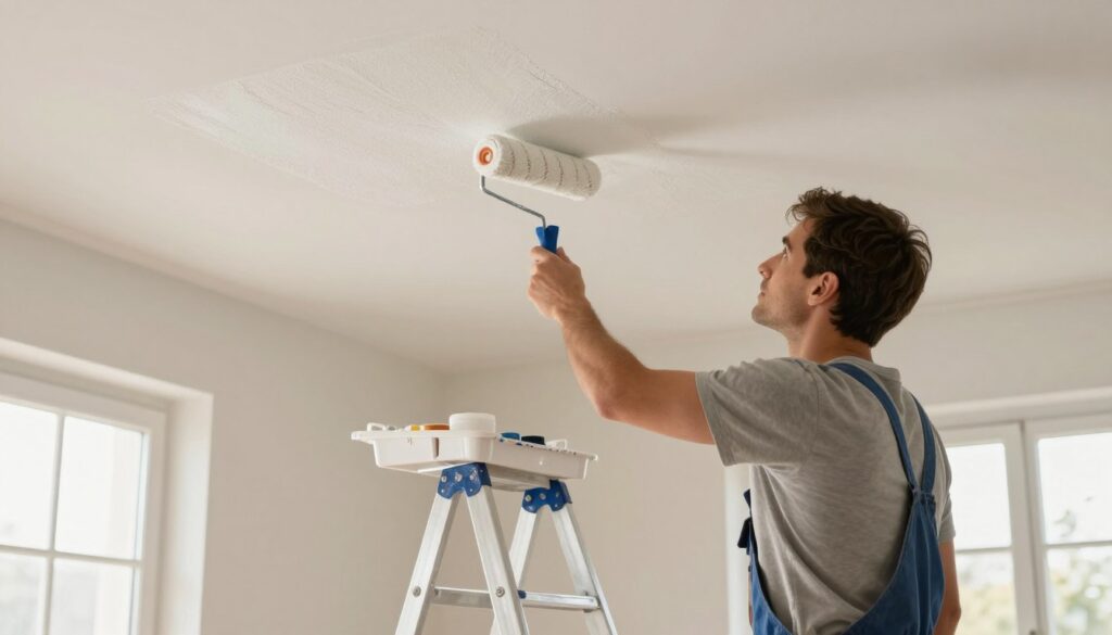 A professional painter in modest casual clothing carefully paints a ceiling in a well-lit room. The foreground features the painter holding a roller brush, applying a smooth coat of matte white paint, emphasizing the technique of a specific directional stroke for an even finish. In the middle, a step ladder stands next to the painter, and a clean tray of paint is nearby, showcasing organized painting supplies. The background reveals warm sunlight streaming through windows, casting soft shadows that enhance the depth of the scene. The overall mood is bright and focused, conveying a sense of professionalism and attention to detail in achieving a flawless ceiling finish.