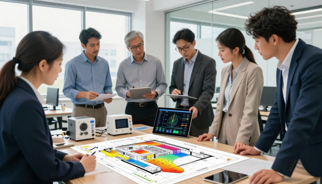 A professional setting featuring a detailed energy audit focused on thermal energy efficiency. In the foreground, a diverse group of engineers and energy consultants, dressed in smart business attire, gather around a digital tablet displaying energy data and graphs. In the middle, a floor plan of a modern building is spread out, with colorful charts highlighting heat loss areas. The background shows a bright office environment with large windows, through which natural light pours in, illuminating the workspace. Technical tools and energy-saving devices are arranged neatly on a desk. The mood is collaborative and insightful, reflecting the importance of energy audits in planning for modernization. Use a wide-angle lens to capture the entire scene clearly.