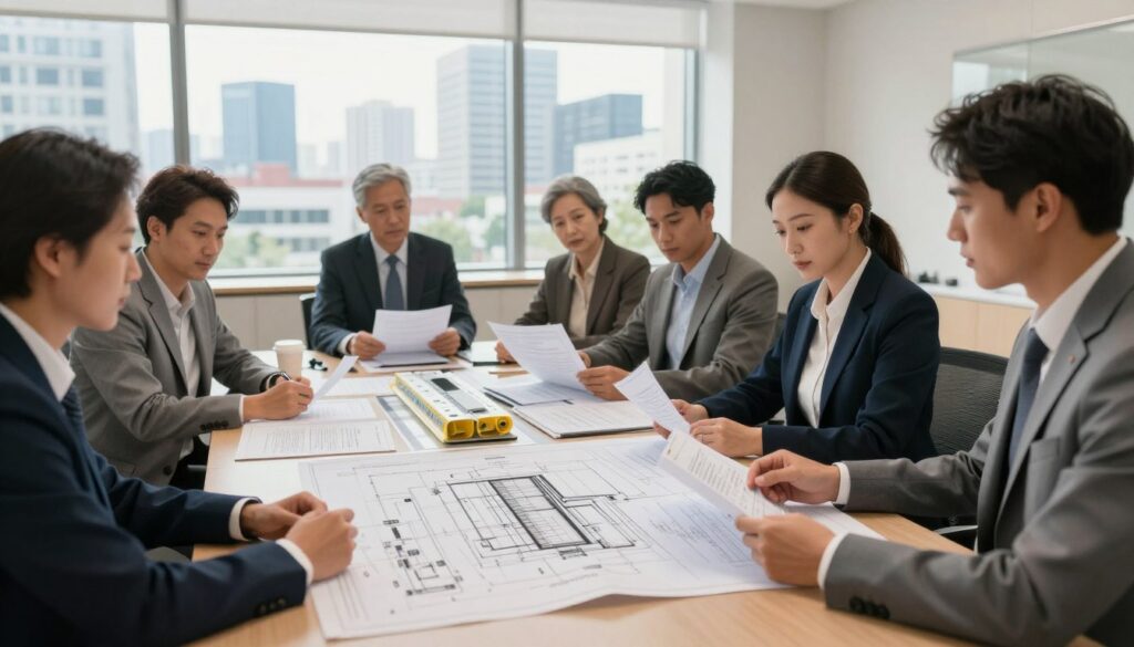 A professional setting focused on the legal aspects of roofing insulation, featuring a well-lit conference room. In the foreground, a diverse group of professionals dressed in business attire examines blueprints and documents related to building regulations. The middle layer showcases a large table covered with technical schematics, legal papers, and insulation materials, with a focus on detailed designs and calculations. In the background, a large window allows natural light to flood the room, illuminating a city skyline and modern architecture, emphasizing urban development. The overall mood is serious yet collaborative, symbolizing the importance of legality and compliance in thermal modernization projects. Soft shadows and a warm color palette enhance the atmosphere.