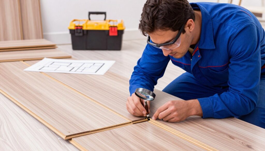 A professional technician in a well-lit room, carefully inspecting and repairing squeaky floor panels. The foreground features the technician, wearing a blue coverall and safety goggles, focused on adjusting a panel joint with specialized tools. In the middle, prominently display the peculiar connection points of the floor panels, highlighting areas where squeaking occurs, with a magnifying glass nearby for detailed inspection. The background reveals a tidy workspace with a toolbox, spare panels, and a blueprint of the floor layout on a table, suggesting a methodical approach to repairs. The atmosphere is serious yet approachable, with warm lighting to create an inviting yet professional scene. The angle captures both the technician’s concentration and the intricate details of the repair process.