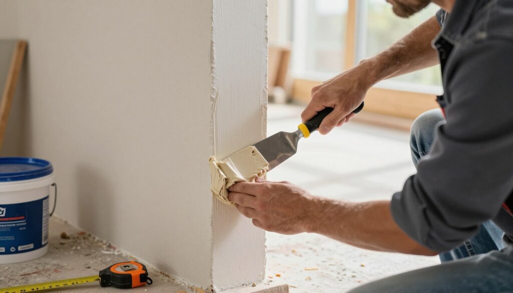 A professional tradesperson in modest casual clothing carefully applies a layer of putty to a freshly prepared exterior corner, using a putty knife with precision. In the foreground, focus on the smooth texture of the putty and the skillful technique displayed. In the middle ground, depict the vertical corner of a wall, showcasing the freshly smoothed edges that are crisp and sharp. The background should feature a well-lit construction site, with natural light illuminating the area, creating a warm and inviting atmosphere. Surrounding elements include tools like a bucket of putty and a measuring tape, enhancing the professional context. Ensure the image conveys a sense of craftsmanship and attention to detail, emphasizing the artistry involved in achieving perfect external corners.