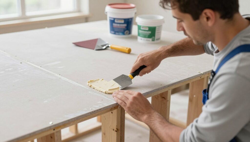 A professional worker in business attire is carefully applying joint compound to the seams of gypsum boards in a well-lit, modern construction setting. The foreground features the worker focused on smoothing the joint with a putty knife, showcasing the texture of the compound. In the middle, several gypsum boards are installed on a framing structure, revealing the intricate details of the joints being spackled. The background includes construction tools like a trowel, sandpaper, and buckets of joint compound, accentuated by soft natural lighting filtering through a window. The atmosphere is one of diligence and professionalism, emphasizing the meticulous nature of drywall finishing.