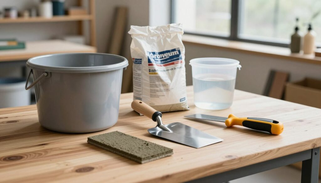A professional workspace featuring essential tools for mixing grout, including a sturdy mixing bucket, trowel, grout float, and utility knife, positioned on a clean wooden table. In the foreground, focus on these tools with an emphasis on their textures and colors, highlighting the shiny metal and sturdy plastic. In the middle ground, ingredients like a bag of grout powder and water container are neatly arranged. The background shows a well-lit workshop with shelves of materials and a large window allowing soft natural light to illuminate the scene, creating a warm and inviting atmosphere. Camera angle is slightly above the table, creating depth, while shadows emphasize the tools' shapes.
