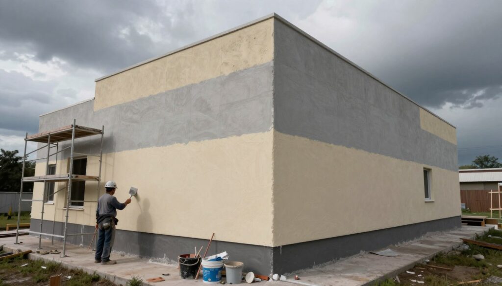 A protective exterior coating on a building façade, detailed with layers of stucco blending colors of cream and light gray. In the foreground, show a workers applying a weather-resistant primer, dressed in professional work attire with safety helmets. In the middle ground, display scaffolding that supports the structure being treated, with tools and buckets scattered around. The background should feature a cloudy sky that hints at impending rain, conveying a mood of urgency and care in preparation for variable weather conditions. The lighting indicates a dim, overcast day, casting soft shadows, and the perspective captures the process from an eye-level angle to enhance the depth of the scene. A protective exterior coating on a building façade, detailed with layers of stucco blending colors of cream and light gray. In the foreground, show a workers applying a weather-resistant primer, dressed in professional work attire with safety helmets. In the middle ground, display scaffolding that supports the structure being treated, with tools and buckets scattered around. The background should feature a cloudy sky that hints at impending rain, conveying a mood of urgency and care in preparation for variable weather conditions. The lighting indicates a dim, overcast day, casting soft shadows, and the perspective captures the process from an eye-level angle to enhance the depth of the scene.