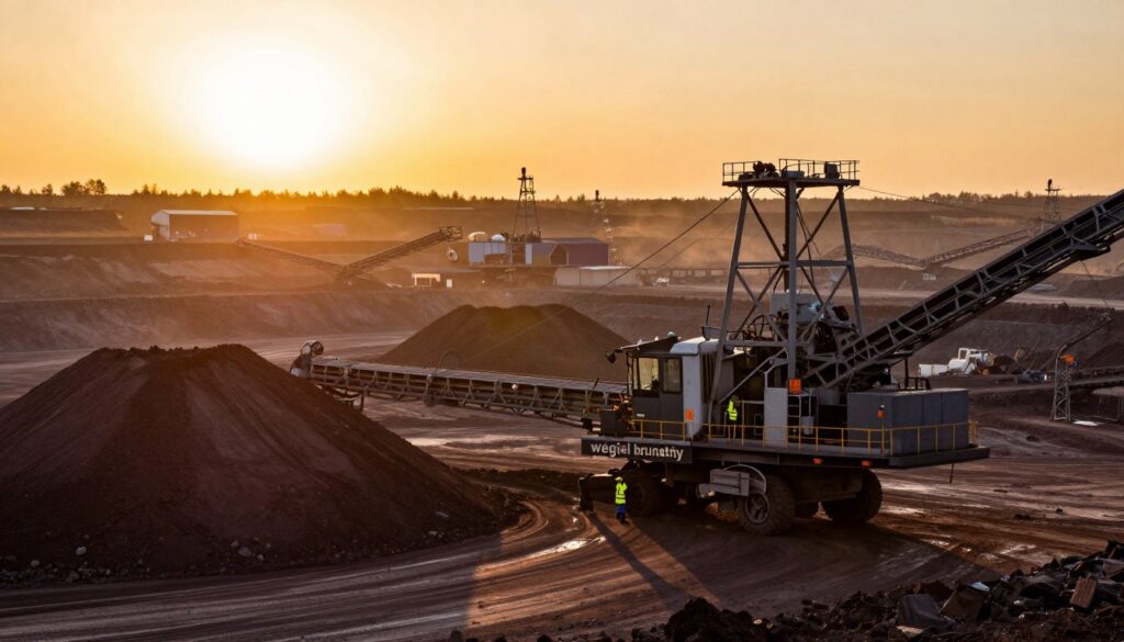 A rugged, open-pit brown coal mine, known as "węgiel brunatny," dominates the foreground, showcasing large machinery and workers in professional safety gear, diligently extracting the mineral. In the middle ground, heaps of brown coal are piled up, their texture rich and earthy, contrasting against the bright orange and yellow hues of the setting sun illuminating the scene. In the background, a network of transport conveyors snakes across the landscape, leading to distant processing plants, shrouded partially in soft, industrial haze. The mood is one of industriousness and environmental challenge, highlighted by dramatic shadows cast by the machinery, emphasizing the scale of the extraction process. Soft focus creates a sense of depth, while warm, golden lighting captures the raw natural beauty of the site.