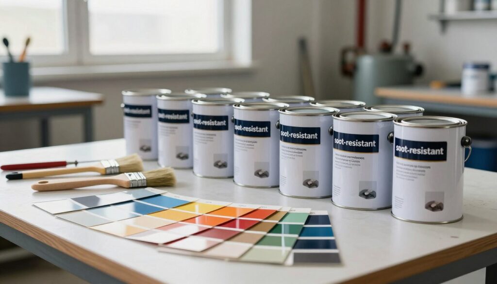 A selection of high-quality, durable paint cans labeled as "soot-resistant" arranged neatly on a clean workbench in a well-lit workshop. The foreground features a variety of color swatches, showcasing a range of matte and glossy finishes, reflecting vibrant hues suitable for industrial environments. In the middle, tools for painting, like brushes and rollers, are scattered, emphasizing practicality. The background shows a blurred view of a utility room with a hint of pipes and equipment, suggesting a boiler setting. Soft, diffused natural light streams through a high window, creating an inviting atmosphere that conveys professionalism and purpose. The overall mood is industrious yet organized, ideal for highlighting paint options designed for challenging conditions. A selection of high-quality, durable paint cans labeled as "soot-resistant" arranged neatly on a clean workbench in a well-lit workshop. The foreground features a variety of color swatches, showcasing a range of matte and glossy finishes, reflecting vibrant hues suitable for industrial environments. In the middle, tools for painting, like brushes and rollers, are scattered, emphasizing practicality. The background shows a blurred view of a utility room with a hint of pipes and equipment, suggesting a boiler setting. Soft, diffused natural light streams through a high window, creating an inviting atmosphere that conveys professionalism and purpose. The overall mood is industrious yet organized, ideal for highlighting paint options designed for challenging conditions.
