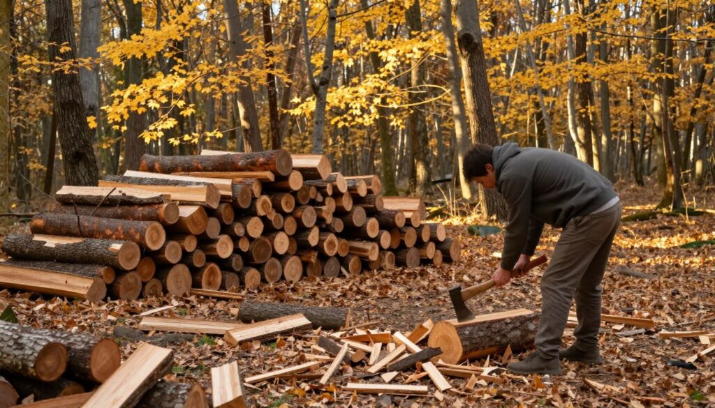 A serene forest clearing in early autumn, where freshly cut ash wood logs are being prepared for firewood. In the foreground, a sturdy person dressed in modest casual clothing is seen chopping a log with an axe, showcasing the effort involved in preparing wood. The middle ground highlights stacked logs waiting to be split, along with scattered wood chips, evoking a sense of labor and craftsmanship. The background features a dense grove of ash trees with golden leaves, creating a warm and inviting atmosphere. The soft, golden-hour sunlight filters through the trees, casting gentle shadows and providing a tranquil feel to the scene, emphasizing the beauty and challenges of preparing wood for burning.