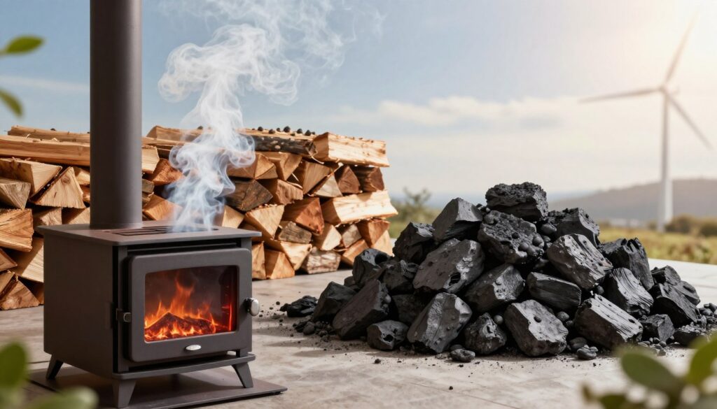 A serene landscape depicting the contrast between burning wood pellets and coal. In the foreground, a small eco-friendly pellet stove emits clean, white smoke, blending naturally into a cozy home setting. In the middle ground, a stack of wood pellets is contrasted with a pile of dark, sooty coal, emphasizing the environmental differences. In the background, a clear sky with soft, diffused sunlight filtering through provides an ethereal atmosphere, suggesting improved air quality. Include subtle elements like green leaves and a distant wind turbine to hint at sustainability. The mood is optimistic and informative, focusing on the benefits of using pellets over coal for air quality improvement. Capture this scene from a slightly elevated angle to provide depth and clarity.