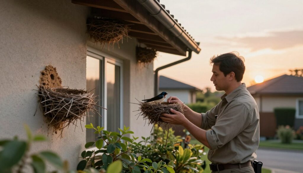 A serene outdoor scene showcasing a residential building with swallows' nests under the eaves. In the foreground, depict a professional wildlife conservationist, dressed in modest casual clothing, examining the nests with a gentle and respectful demeanor. In the middle ground, focus on a few detailed nests made of twigs and mud, illustrating their natural construction, surrounded by soft green foliage. In the background, include the building’s facade, with a soft sunset lighting casting a warm glow over the scene. The atmosphere should convey care and legality, highlighting the importance of wildlife protection while managing existing nests. Use a wide-angle lens to capture both the conservationist’s actions and the environment harmoniously, emphasizing a peaceful coexistence between humans and birds.