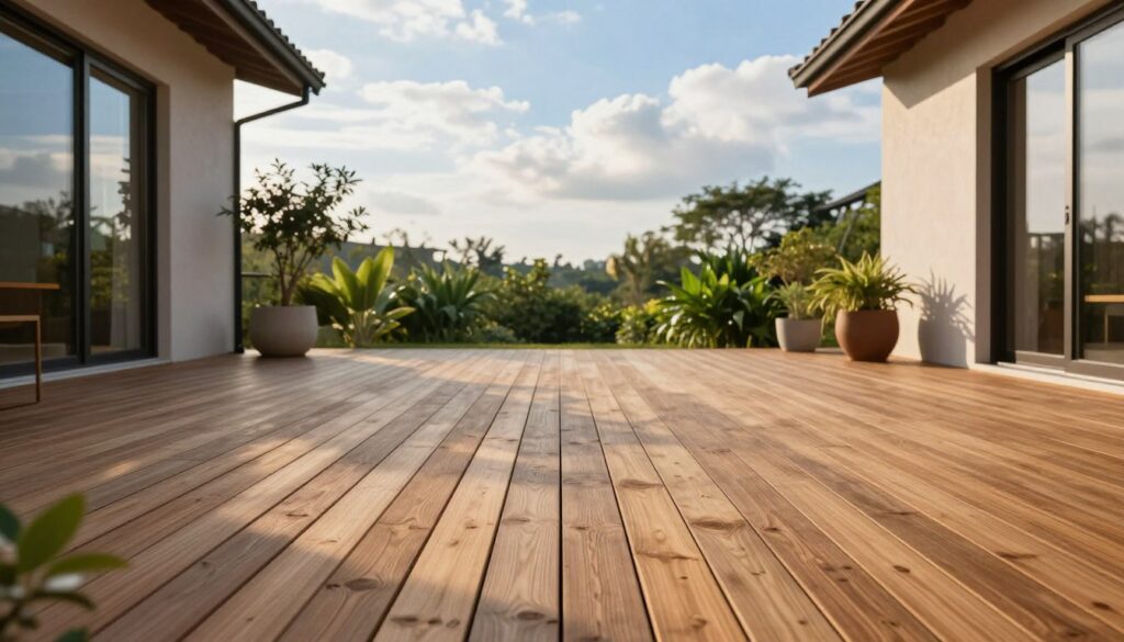 A serene outdoor terrace scene showcasing wooden boards installed either lengthwise or widthwise. In the foreground, focus on two distinct sections of the terrace: one with boards laid parallel to the house, and the other perpendicular, illustrating the visual impact of each layout. The middle ground features lush green plants in stylish pots, adding a touch of nature, while the background captures a bright blue sky with soft white clouds. The lighting is warm and inviting, simulating late afternoon sun to create gentle shadows that enhance the texture of the wood. Use a wide-angle perspective to capture the entire terrace in a pleasing composition, evoking a sense of harmony and proportion. The overall atmosphere should feel tranquil and stylish, ideal for outdoor relaxation. A serene outdoor terrace scene showcasing wooden boards installed either lengthwise or widthwise. In the foreground, focus on two distinct sections of the terrace: one with boards laid parallel to the house, and the other perpendicular, illustrating the visual impact of each layout. The middle ground features lush green plants in stylish pots, adding a touch of nature, while the background captures a bright blue sky with soft white clouds. The lighting is warm and inviting, simulating late afternoon sun to create gentle shadows that enhance the texture of the wood. Use a wide-angle perspective to capture the entire terrace in a pleasing composition, evoking a sense of harmony and proportion. The overall atmosphere should feel tranquil and stylish, ideal for outdoor relaxation.