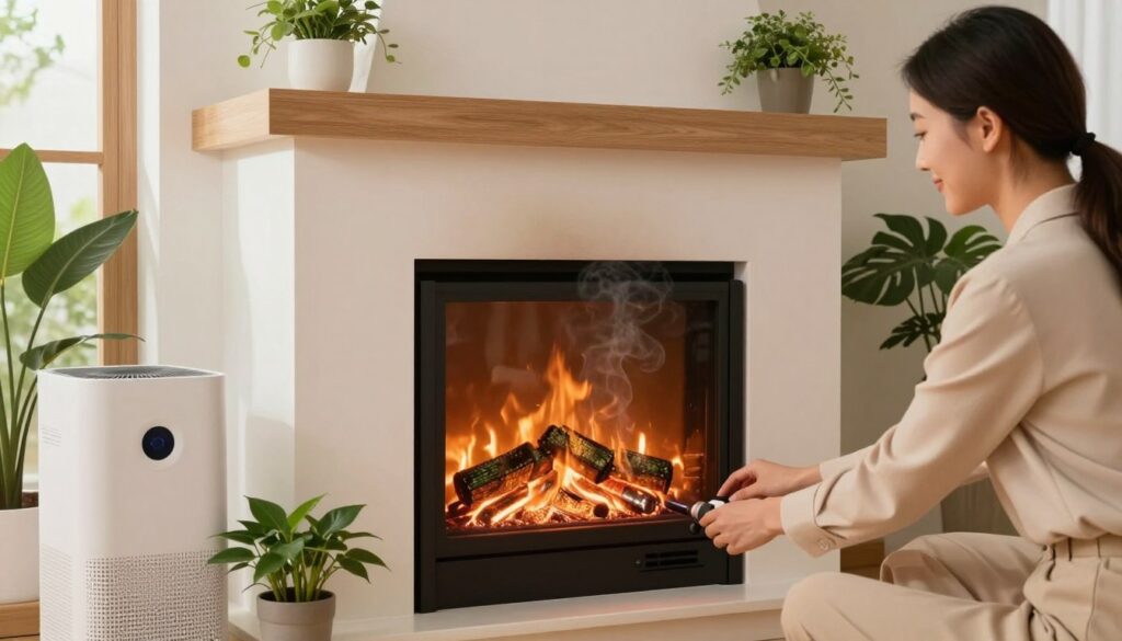 A serene, well-arranged indoor setting showcasing a cozy fireplace glowing with green briquettes, emanating minimal smoke. In the foreground, a woman dressed in professional attire is seen skillfully adjusting the air vents for optimal combustion, her expression focused and content. The fireplace is surrounded by elegant plants that symbolize fresh air and a pleasant atmosphere, with a discreet air purifier in the corner. Soft, warm lighting floods the room, creating a soothing ambiance, while flames flicker gently. In the background, a window shows a hint of nature outside, promoting a sense of tranquility. The overall mood is calm and inviting, highlighting effective methods to minimize unpleasant odors.