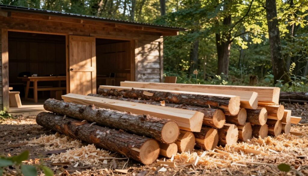 A serene wood processing scene focusing on the seasonal drying of alder wood, emphasizing moisture content. In the foreground, neatly stacked logs of freshly cut alder are surrounded by sawdust; the textures of the bark and wood grain are vividly detailed. In the middle ground, a rustic wooden shed offers a warm, inviting atmosphere as sunlight filters through its open door, casting soft shadows. The background features a lush, green woodland setting, with dappled sunlight illuminating the scene, creating a tranquil mood. The image should evoke a sense of craftsmanship, with natural tones predominating, and it should be captured in a warm, golden light typical of early morning. A wide-angle lens perspective enhances the depth of field, providing a harmonious balance between the foreground and background elements.
