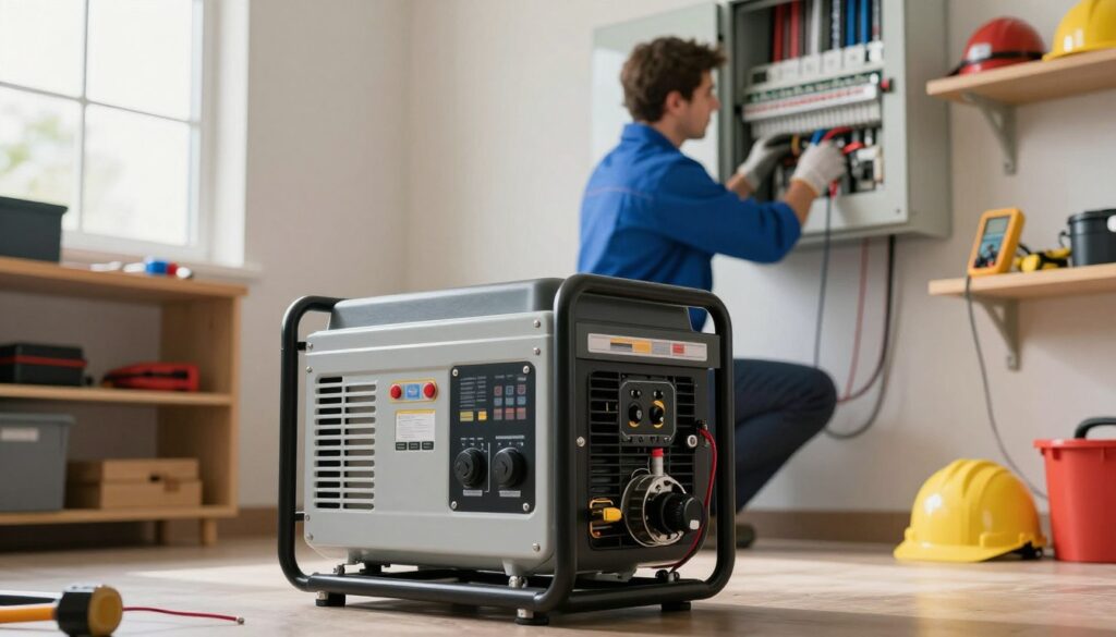 A single-phase generator prominently displayed in the foreground, set in a well-lit, modern utility room. The generator is sleek and portable, with visible control panels and power outlets. In the middle ground, a professional technician dressed in a modest blue shirt and work gloves carefully checks the connections to a home's electrical panel, utilizing tools like a multimeter. Behind them, the room features shelves with electrical tools, safety gear, and a window allowing natural light to filter in, creating a warm atmosphere. The lighting subtly highlights the generator, emphasizing its features while the overall mood conveys professionalism and safety. The angle is slightly low, giving an authoritative perspective as if the viewer is observing the installation process firsthand. A single-phase generator prominently displayed in the foreground, set in a well-lit, modern utility room. The generator is sleek and portable, with visible control panels and power outlets. In the middle ground, a professional technician dressed in a modest blue shirt and work gloves carefully checks the connections to a home's electrical panel, utilizing tools like a multimeter. Behind them, the room features shelves with electrical tools, safety gear, and a window allowing natural light to filter in, creating a warm atmosphere. The lighting subtly highlights the generator, emphasizing its features while the overall mood conveys professionalism and safety. The angle is slightly low, giving an authoritative perspective as if the viewer is observing the installation process firsthand.
